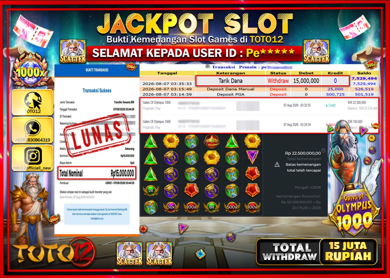 HANYA DI TOTO12 JP PASTI DI BAYAR LUNAS DAN CEPAT!!!!!! JACKPOT SLOT GAME (GATES OF OLYMPUS 1000) Rp15.000.000!!!!
