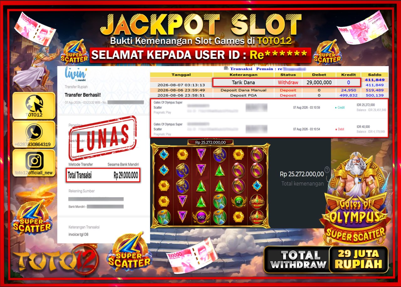 HANYA DI TOTO12 JP PASTI DI BAYAR LUNAS DAN CEPAT!!!!!! JACKPOT SLOT GAME (GATES OF OLYMPUS SUPER SCATTER) Rp29.000.000!!!!