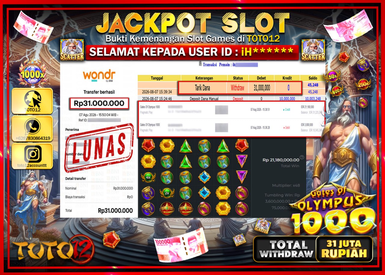 HANYA DI TOTO12 JP PASTI DI BAYAR LUNAS DAN CEPAT!!!!!! JACKPOT SLOT GAME (GATES OF OLYMPUS 1000) Rp31.000.000!!!!