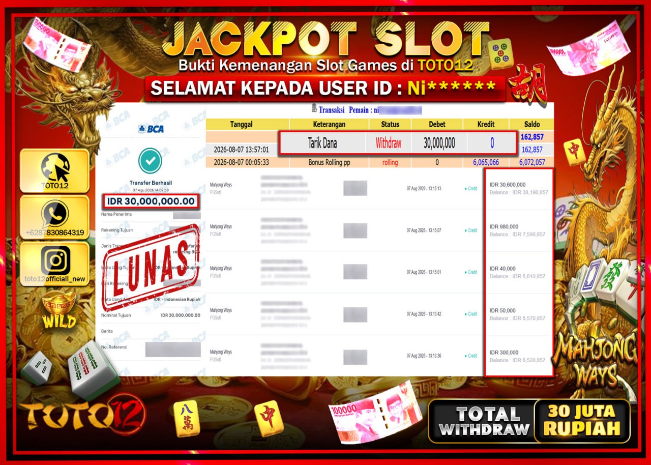 HANYA DI TOTO12 JP PASTI DI BAYAR LUNAS DAN CEPAT!!!!!! JACKPOT SLOT GAME (MAHJONG WAYS) Rp30.000.000!!!!