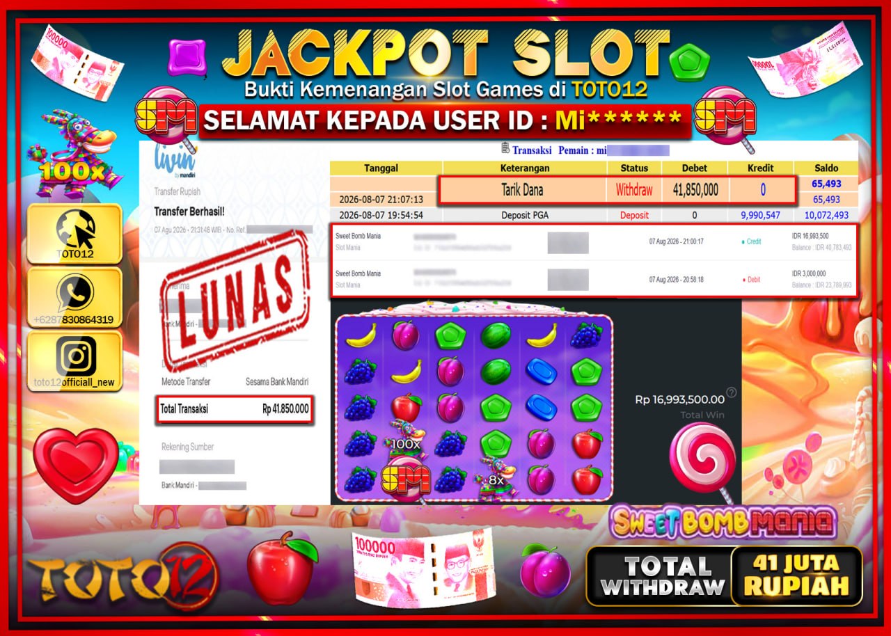 HANYA DI TOTO12 JP PASTI DI BAYAR LUNAS DAN CEPAT!!!!!! JACKPOT SLOT GAME (SWEET BOMB MANIA) Rp41.850.000!!!!