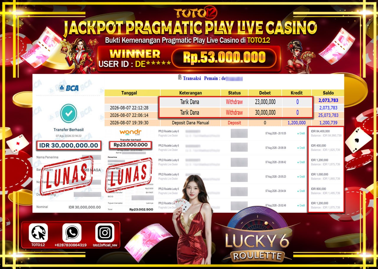 HANYA DI TOTO12 JP PASTI DI BAYAR LUNAS DAN CEPAT!!!!!! JACKPOT PRAGMATIC PLAY LIVE GAME CASINO (PPLD ROULETTE LUCKY 6) Rp53.000.000!!!!