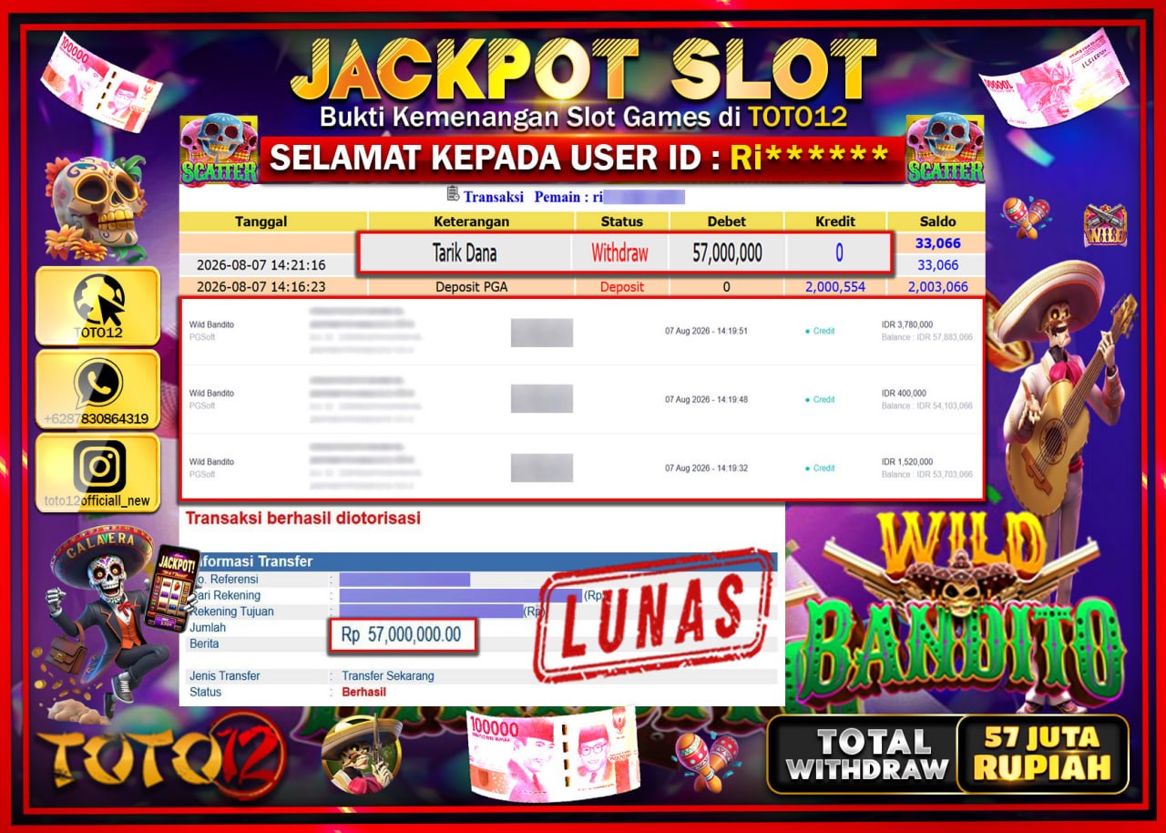 HANYA DI TOTO12 JP PASTI DI BAYAR LUNAS DAN CEPAT!!!!!! JACKPOT SLOT GAME (WILD BANDITO) Rp57.000.000!!!!