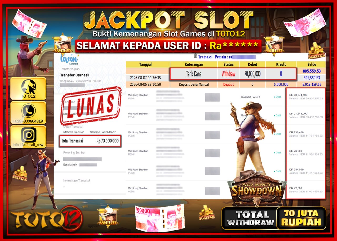 HANYA DI TOTO12 JP PASTI DI BAYAR LUNAS DAN CEPAT!!!!!! JACKPOT SLOT GAME (WILD BOUNTY SHOWDOWN) Rp70.000.000!!!!