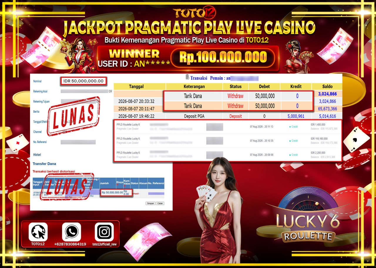 HANYA DI TOTO12 JP PASTI DI BAYAR LUNAS DAN CEPAT!!!!!! JACKPOT PRAGMATIC PLAY LIVE GAME CASINO (PPLD ROULETTE LUCKY 6) Rp100.000.000!!!!