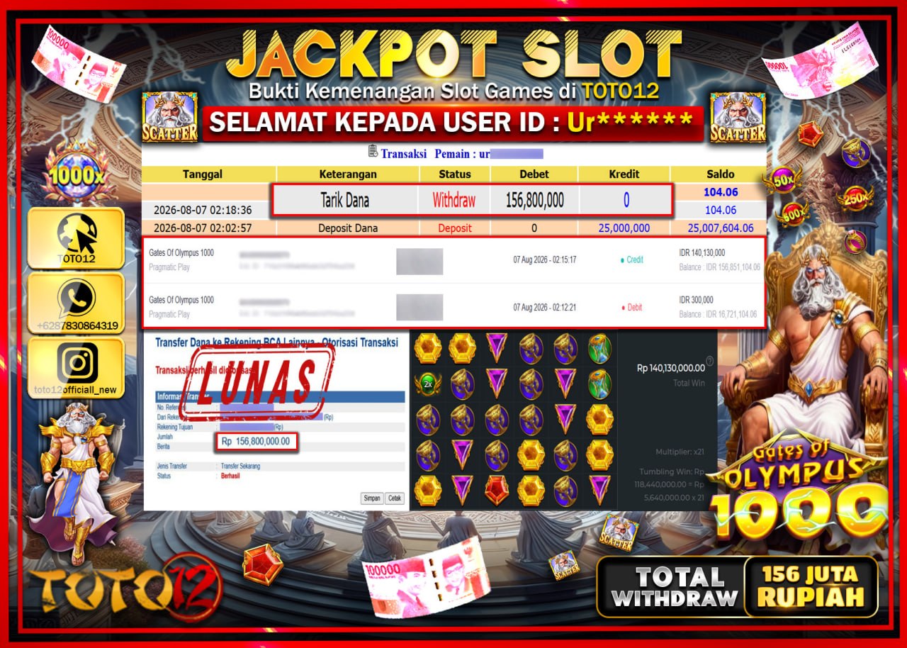 HANYA DI TOTO12 JP PASTI DI BAYAR LUNAS DAN CEPAT!!!!!! JACKPOT SLOT GAME (GATES OF OLYMPUS 1000) Rp156.800.000!!!!