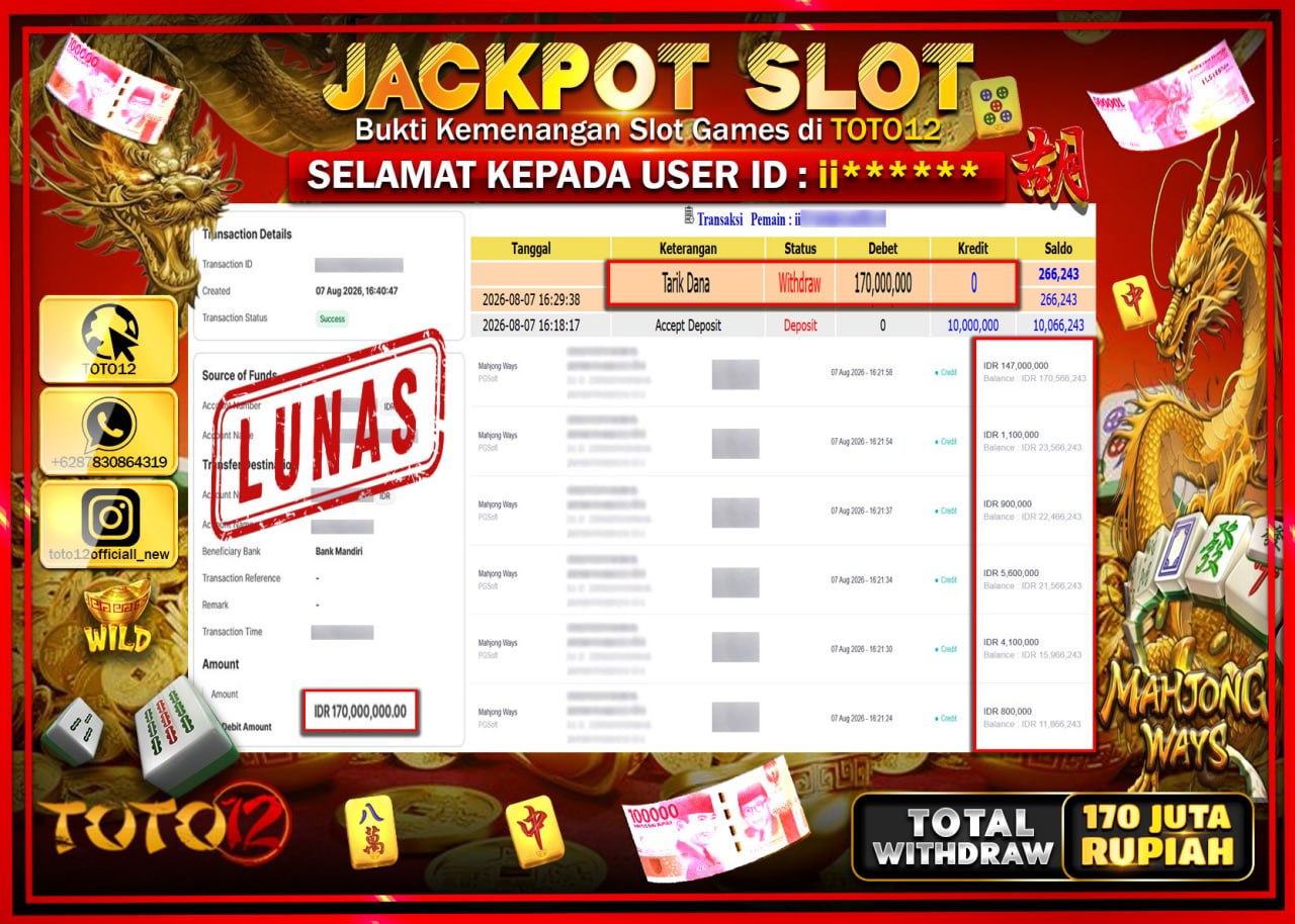 HANYA DI TOTO12 JP PASTI DI BAYAR LUNAS DAN CEPAT!!!!!! JACKPOT SLOT GAME (MAHJONG WAYS 2) Rp170.000.000!!!!