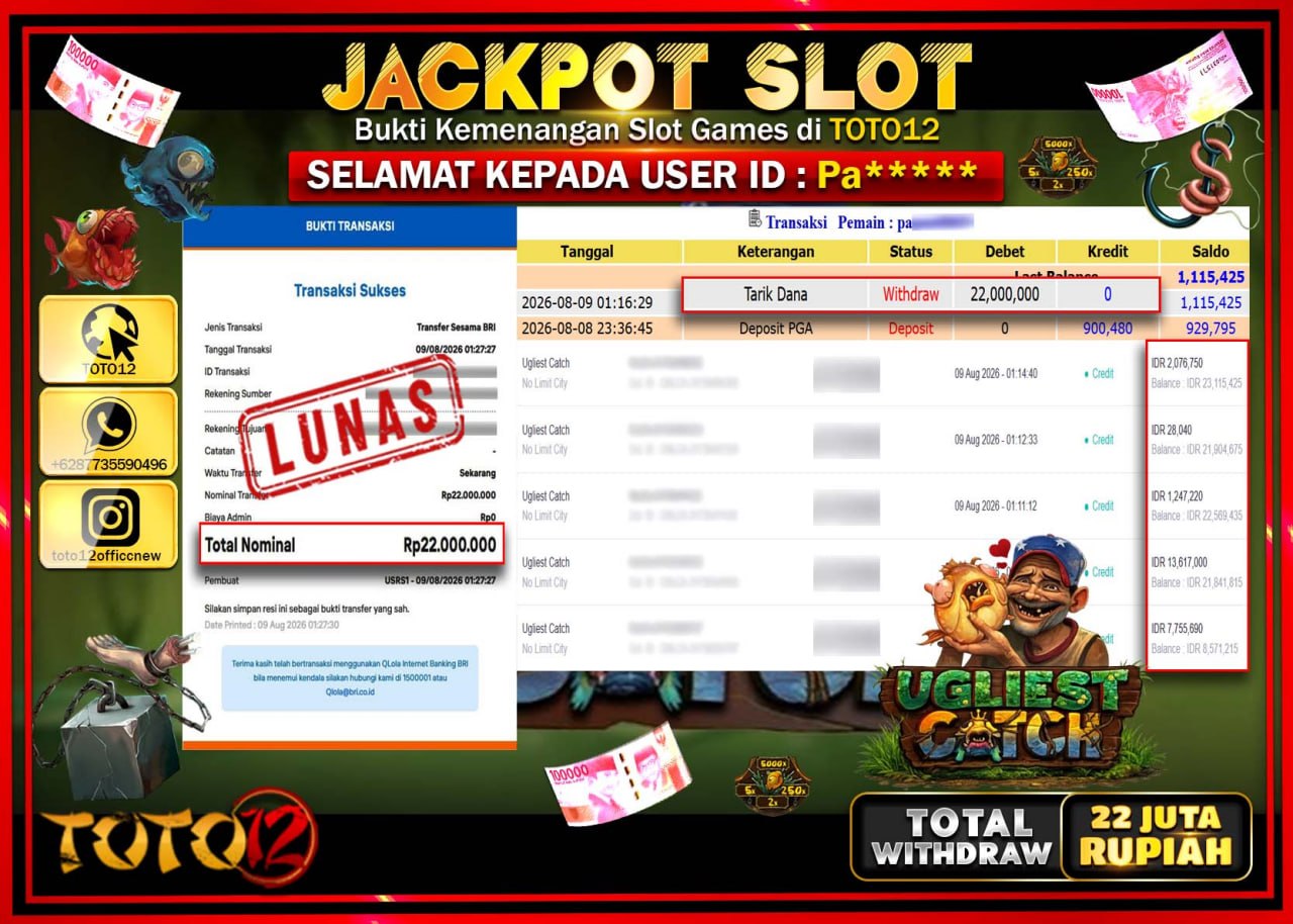 HANYA DI TOTO12 JP PASTI DI BAYAR LUNAS DAN CEPAT!!!!!! JACKPOT SLOT GAME (UGLIEST CATCH) Rp22.000.000!!!!