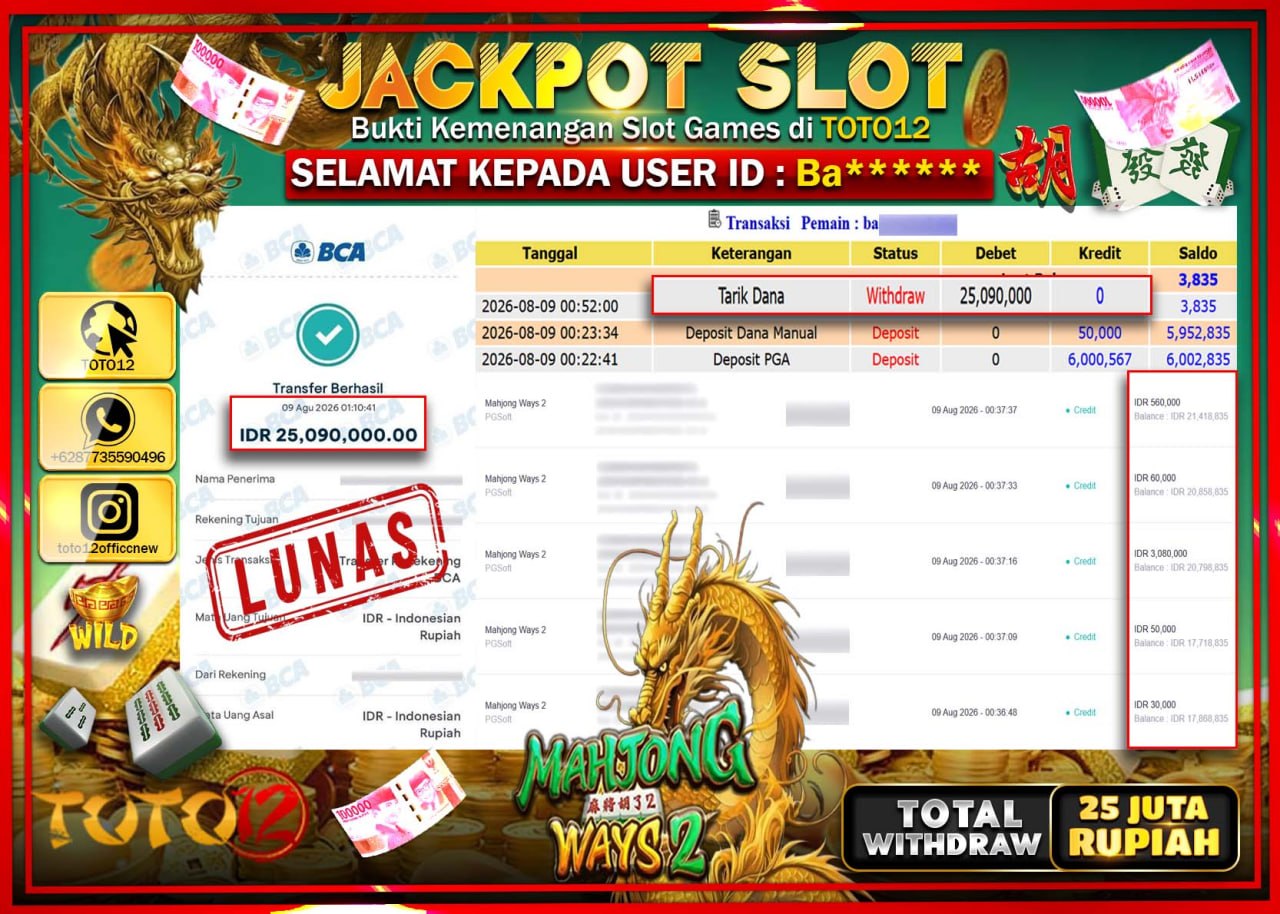 HANYA DI TOTO12 JP PASTI DI BAYAR LUNAS DAN CEPAT!!!!!! JACKPOT SLOT GAME (MAHJONG WAYS 2) Rp25.090.000!!!!