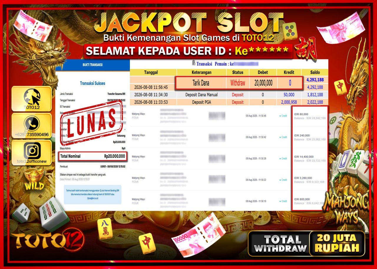 HANYA DI TOTO12 JP PASTI DI BAYAR LUNAS DAN CEPAT!!!!!! JACKPOT SLOT GAME (MAHJONG WAYS) Rp20.000.000!!!!