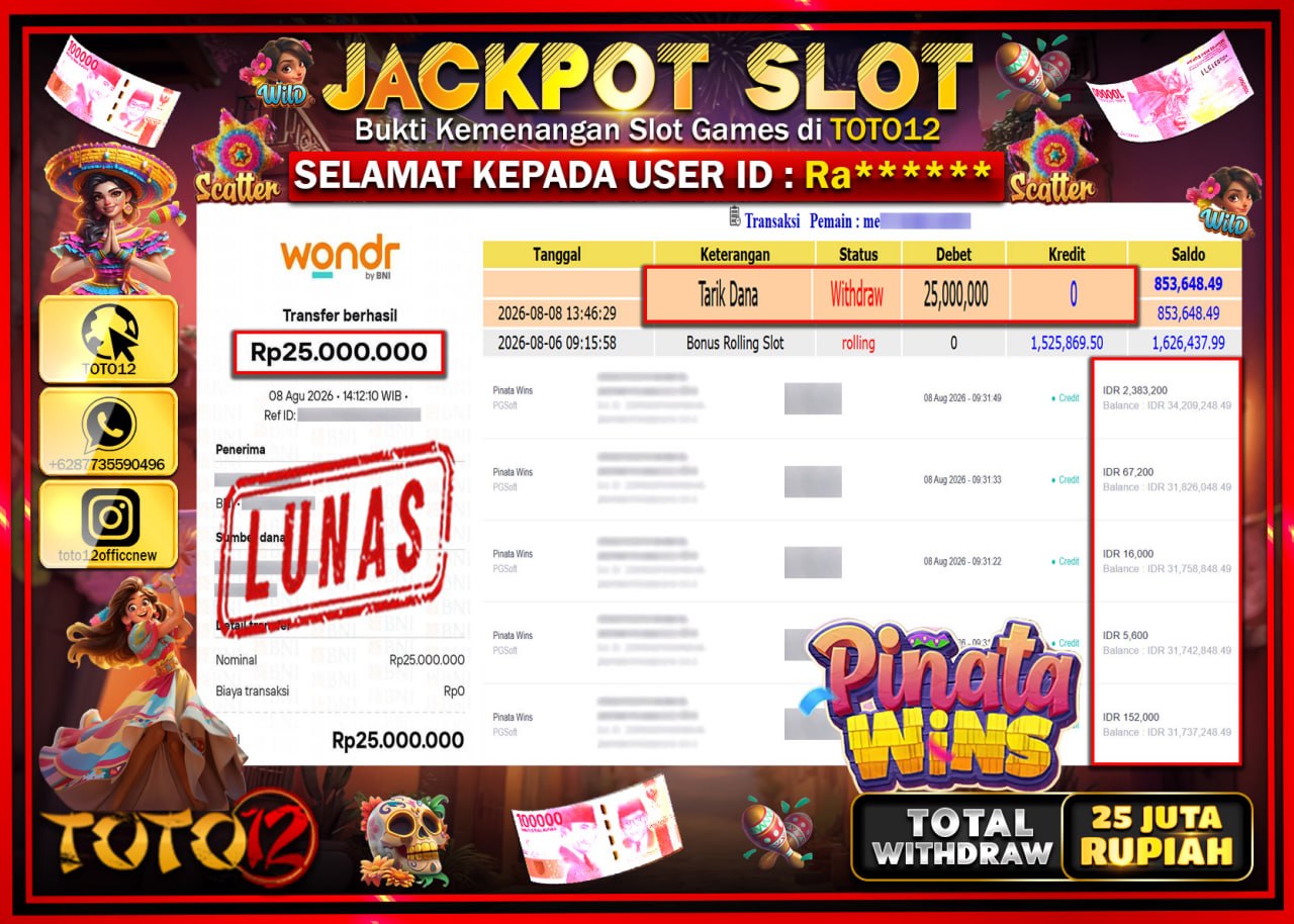 HANYA DI TOTO12 JP PASTI DI BAYAR LUNAS DAN CEPAT!!!!!! JACKPOT SLOT GAME (PINATA WINS) Rp25.000.000!!!!