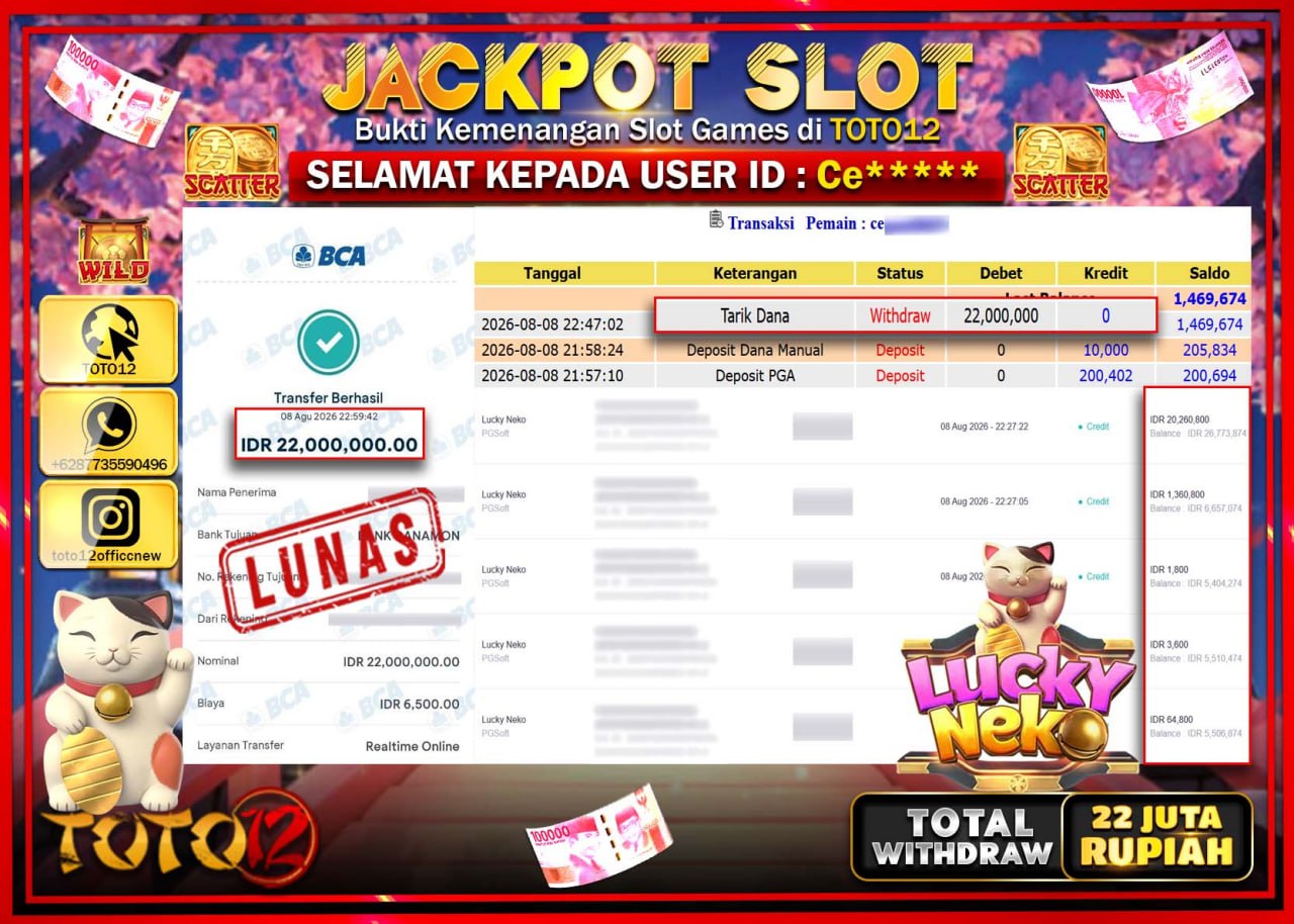HANYA DI TOTO12 JP PASTI DI BAYAR LUNAS DAN CEPAT!!!!!! JACKPOT SLOT GAME (LUCKY NEKO) Rp22.000.000!!!!