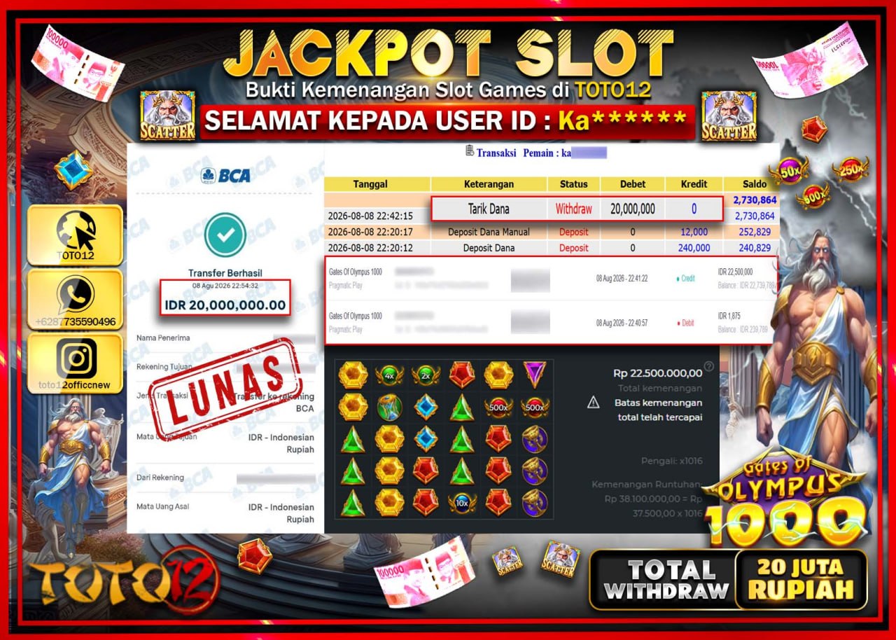 HANYA DI TOTO12 JP PASTI DI BAYAR LUNAS DAN CEPAT!!!!!! JACKPOT SLOT GAME (GATES OF OLYMPUS 1000) Rp20.000.000!!!!