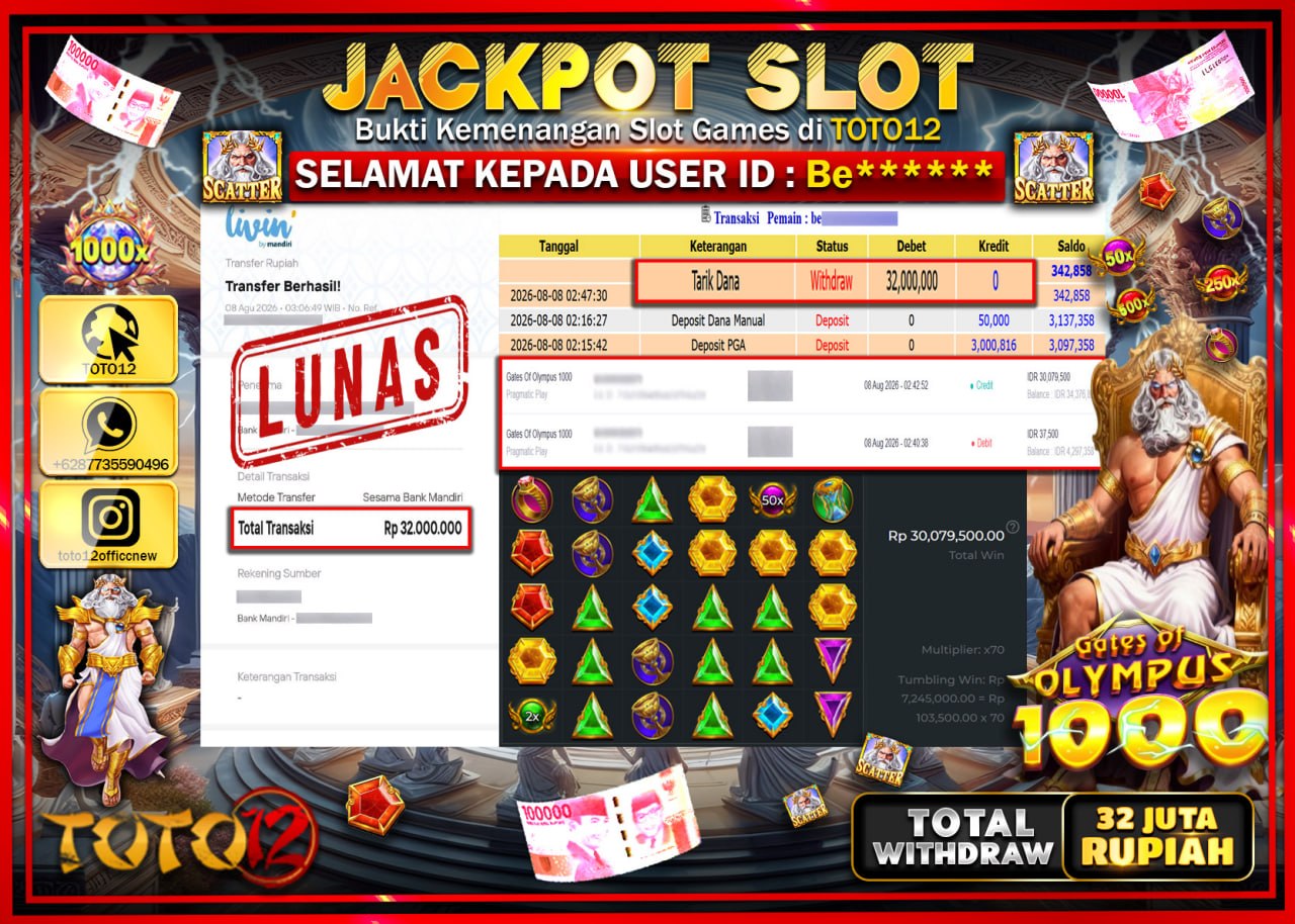 HANYA DI TOTO12 JP PASTI DI BAYAR LUNAS DAN CEPAT!!!!!! JACKPOT SLOT GAME (GATES OF OLYMPUS 1000) Rp32.000.000!!!!