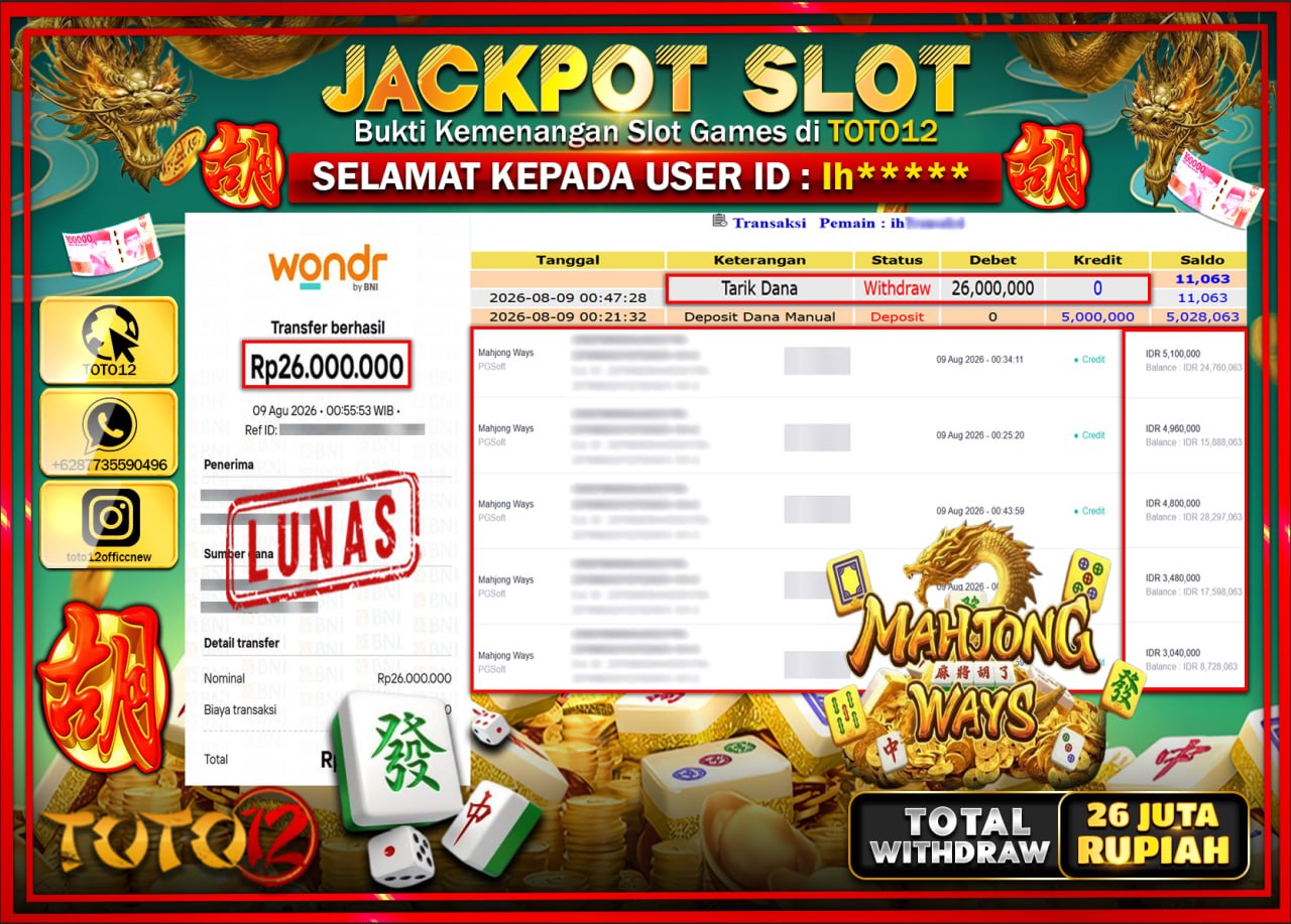 HANYA DI TOTO12 JP PASTI DI BAYAR LUNAS DAN CEPAT!!!!!! JACKPOT SLOT GAME (MAHJONG WAYS) Rp26.000.000!!!!