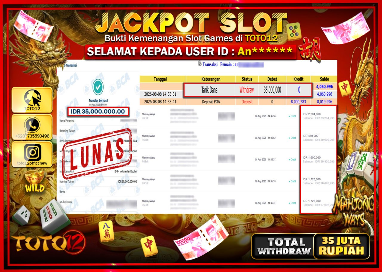 HANYA DI TOTO12 JP PASTI DI BAYAR LUNAS DAN CEPAT!!!!!! JACKPOT SLOT GAME (MAHJONG WAYS) Rp35.000.000!!!!