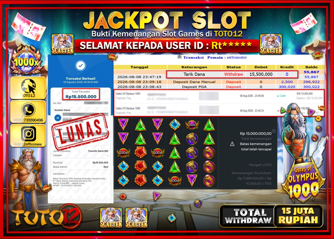 HANYA DI TOTO12 JP PASTI DI BAYAR LUNAS DAN CEPAT!!!!!! JACKPOT SLOT GAME (GATES OF OLYMPUS 1000) Rp15.500.000!!!!