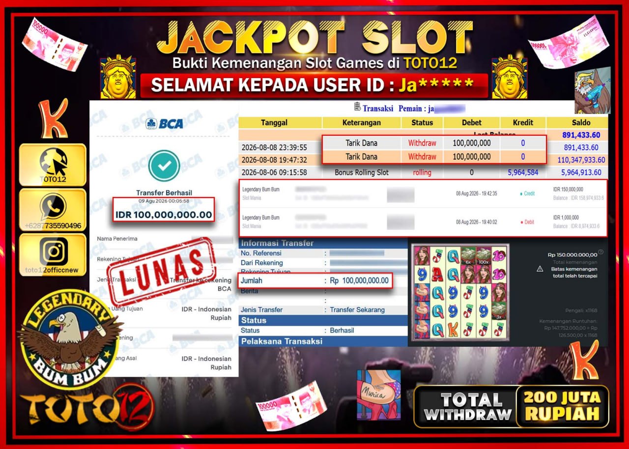 HANYA DI TOTO12 JP PASTI DI BAYAR LUNAS DAN CEPAT!!!!!! JACKPOT SLOT GAME (LEGENDARY BUM BUM) Rp200.000.000!!!!