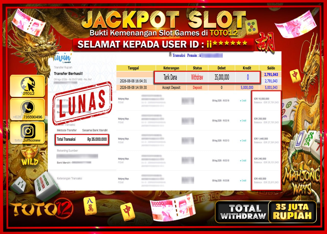 HANYA DI TOTO12 JP PASTI DI BAYAR LUNAS DAN CEPAT!!!!!! JACKPOT SLOT GAME (MAHJONG WAYS) Rp35.000.000!!!!