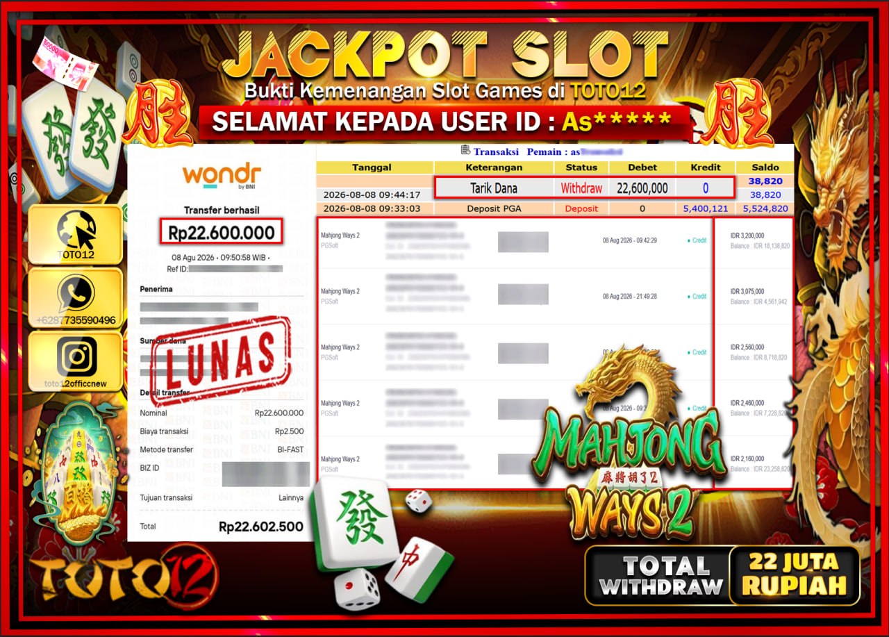 HANYA DI TOTO12 JP PASTI DI BAYAR LUNAS DAN CEPAT!!!!!! JACKPOT SLOT GAME (MAHJONG WAYS 2) Rp22.600.000!!!!
