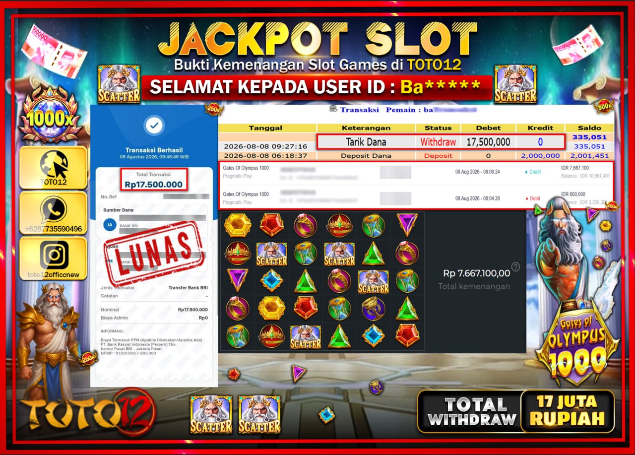 HANYA DI TOTO12 JP PASTI DI BAYAR LUNAS DAN CEPAT!!!!!! JACKPOT SLOT GAME (GATES OF OLYMPUS 1000) Rp17.500.000!!!!