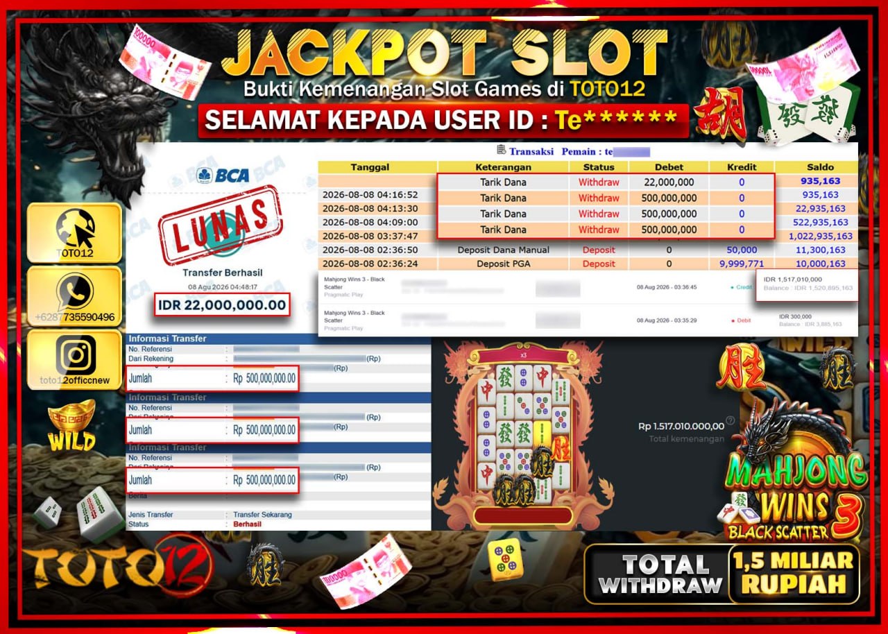 HANYA DI TOTO12 JP PASTI DI BAYAR LUNAS DAN CEPAT!!!!!! JACKPOT SLOT GAME (MAHJONG WINS 3 BLACK SCATTER) Rp1.522.000.000!!!!