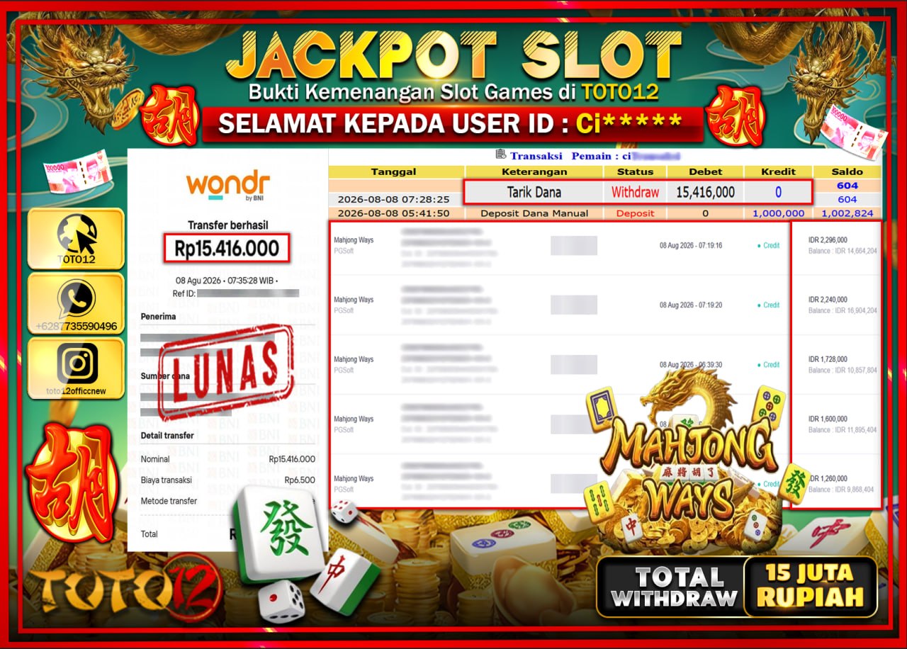 HANYA DI TOTO12 JP PASTI DI BAYAR LUNAS DAN CEPAT!!!!!! JACKPOT SLOT GAME (MAHJONG WAYS) Rp15.416.000!!!!