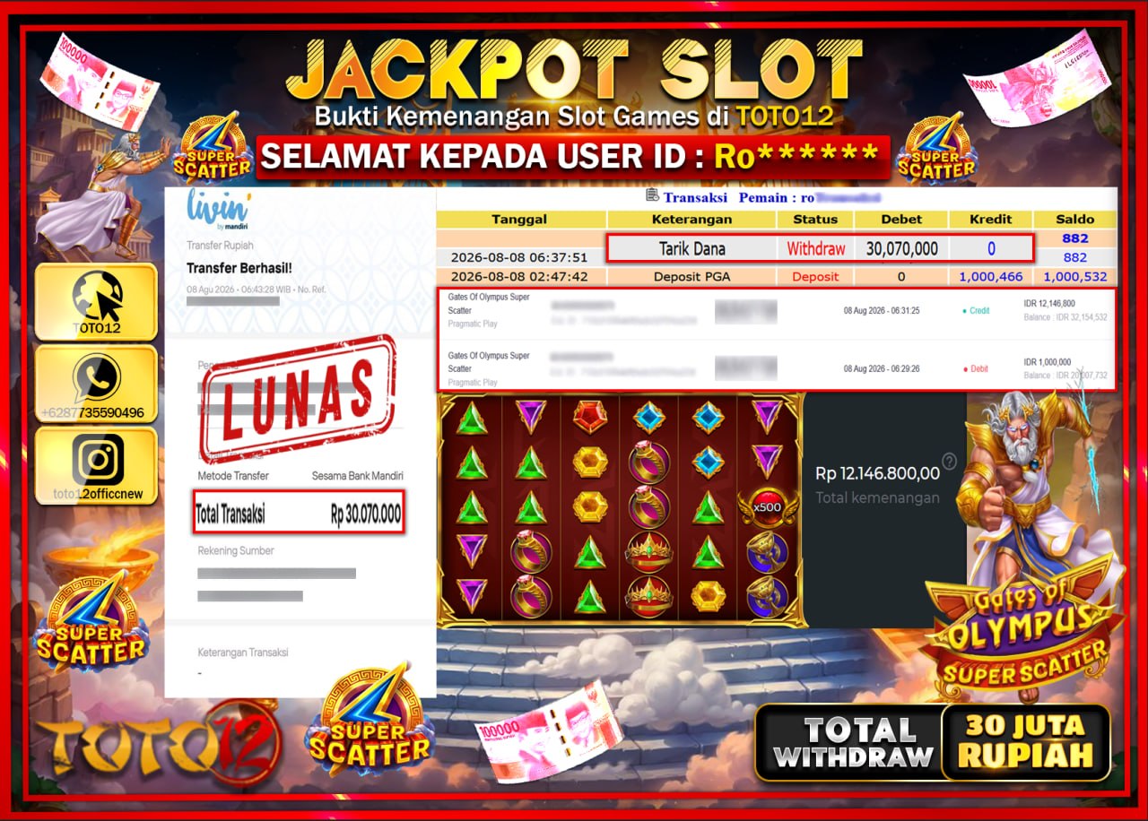 HANYA DI TOTO12 JP PASTI DI BAYAR LUNAS DAN CEPAT!!!!!! JACKPOT SLOT GAME (GATES OF OLYMPUS SUPER SCATTER) Rp30.070.000!!!!