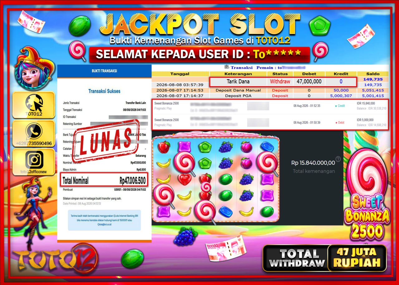 HANYA DI TOTO12 JP PASTI DI BAYAR LUNAS DAN CEPAT!!!!!! JACKPOT SLOT GAME (SWEET BONANZA 2500) Rp47.000.000!!!!