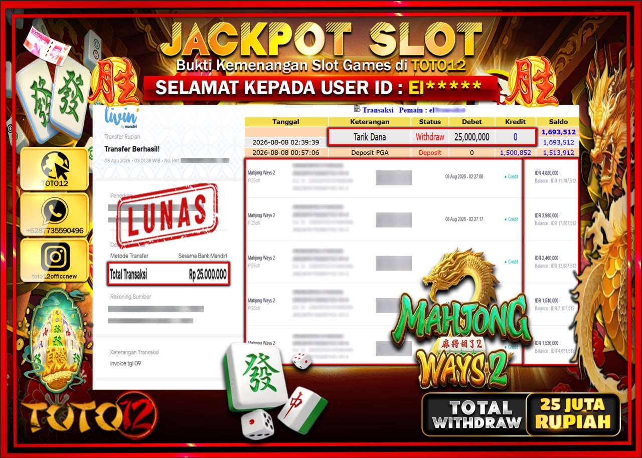 HANYA DI TOTO12 JP PASTI DI BAYAR LUNAS DAN CEPAT!!!!!! JACKPOT SLOT GAME (MAHJONG WAYS 2) Rp25.000.000!!!!