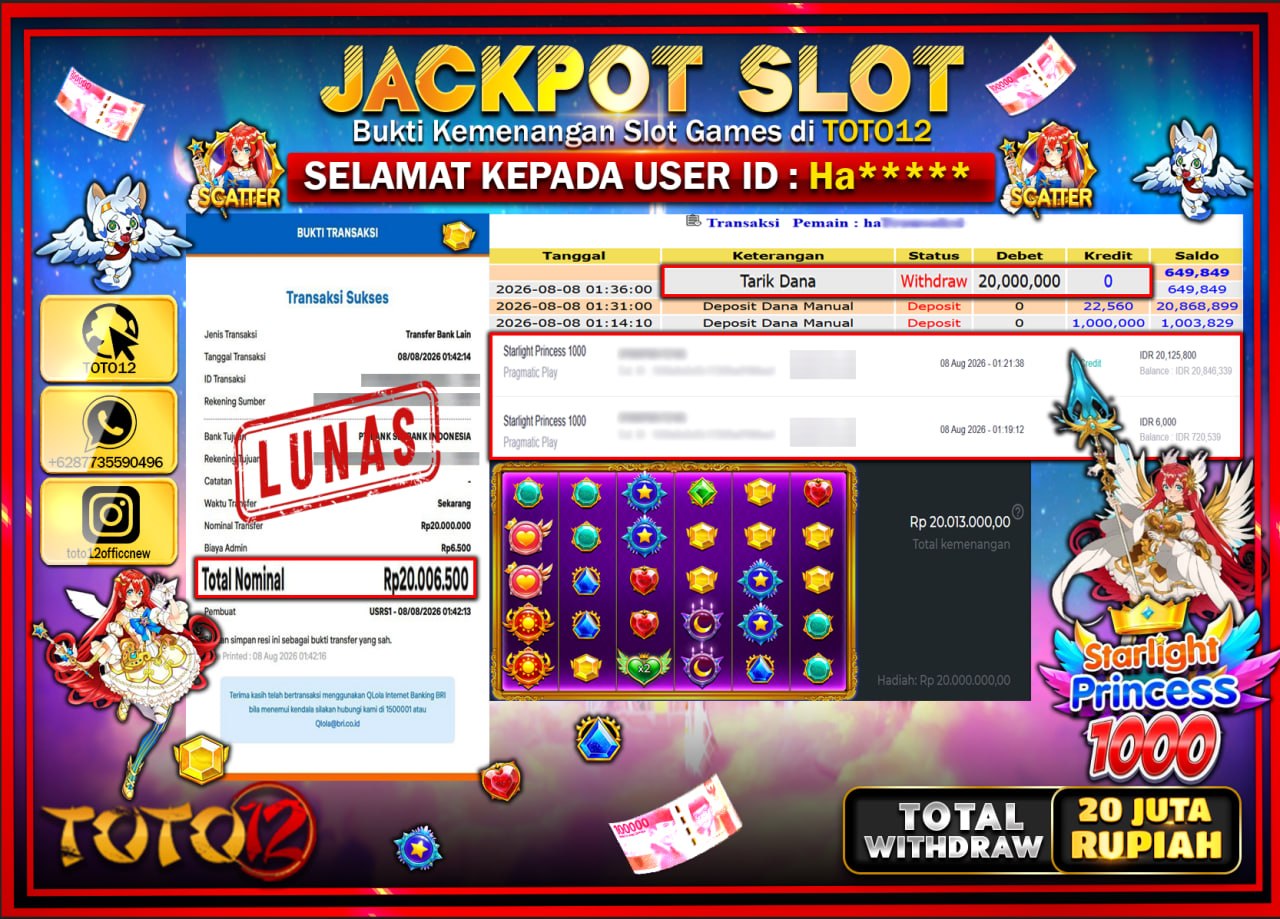HANYA DI TOTO12 JP PASTI DI BAYAR LUNAS DAN CEPAT!!!!!! JACKPOT SLOT GAME (STARLIGHT PRINCESS 1000) Rp20.000.000!!!!