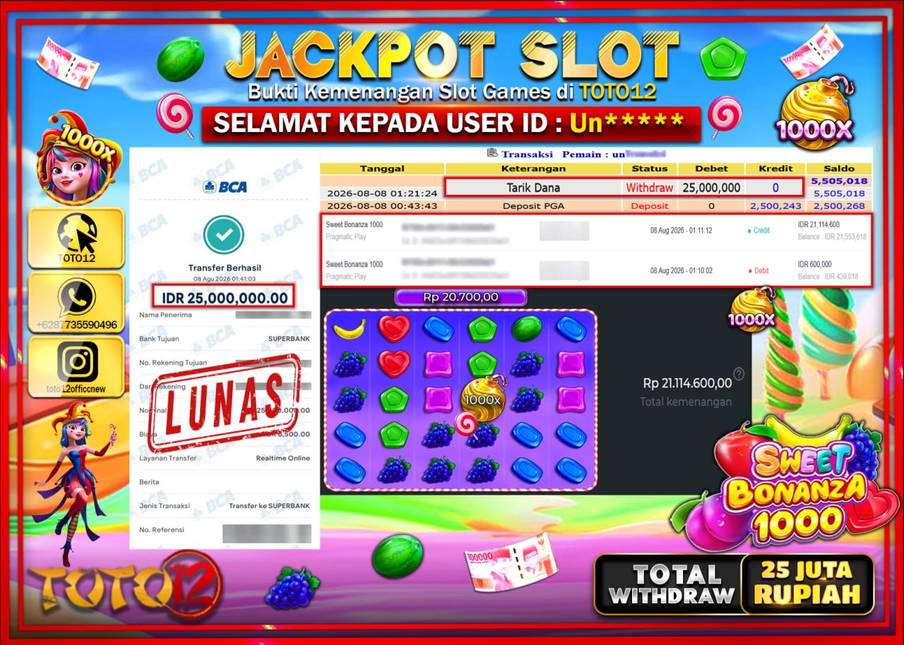 HANYA DI TOTO12 JP PASTI DI BAYAR LUNAS DAN CEPAT!!!!!! JACKPOT SLOT GAME (SWEET BONANZA 1000) Rp25.000.000!!!!