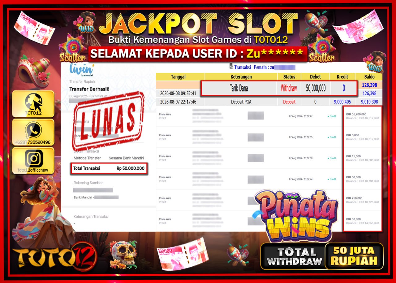 HANYA DI TOTO12 JP PASTI DI BAYAR LUNAS DAN CEPAT!!!!!! JACKPOT SLOT GAME (PINATA WINS) Rp50.000.000!!!!