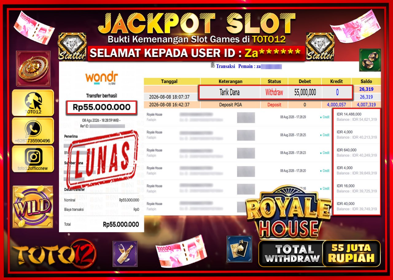 HANYA DI TOTO12 JP PASTI DI BAYAR LUNAS DAN CEPAT!!!!!! JACKPOT SLOT GAME (ROYALE HOUSE) Rp55.000.000!!!!