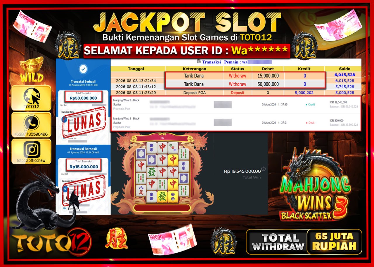 HANYA DI TOTO12 JP PASTI DI BAYAR LUNAS DAN CEPAT!!!!!! JACKPOT SLOT GAME (MAHJONG WINS 3 BLACK SCATTER) Rp65.000.000!!!!