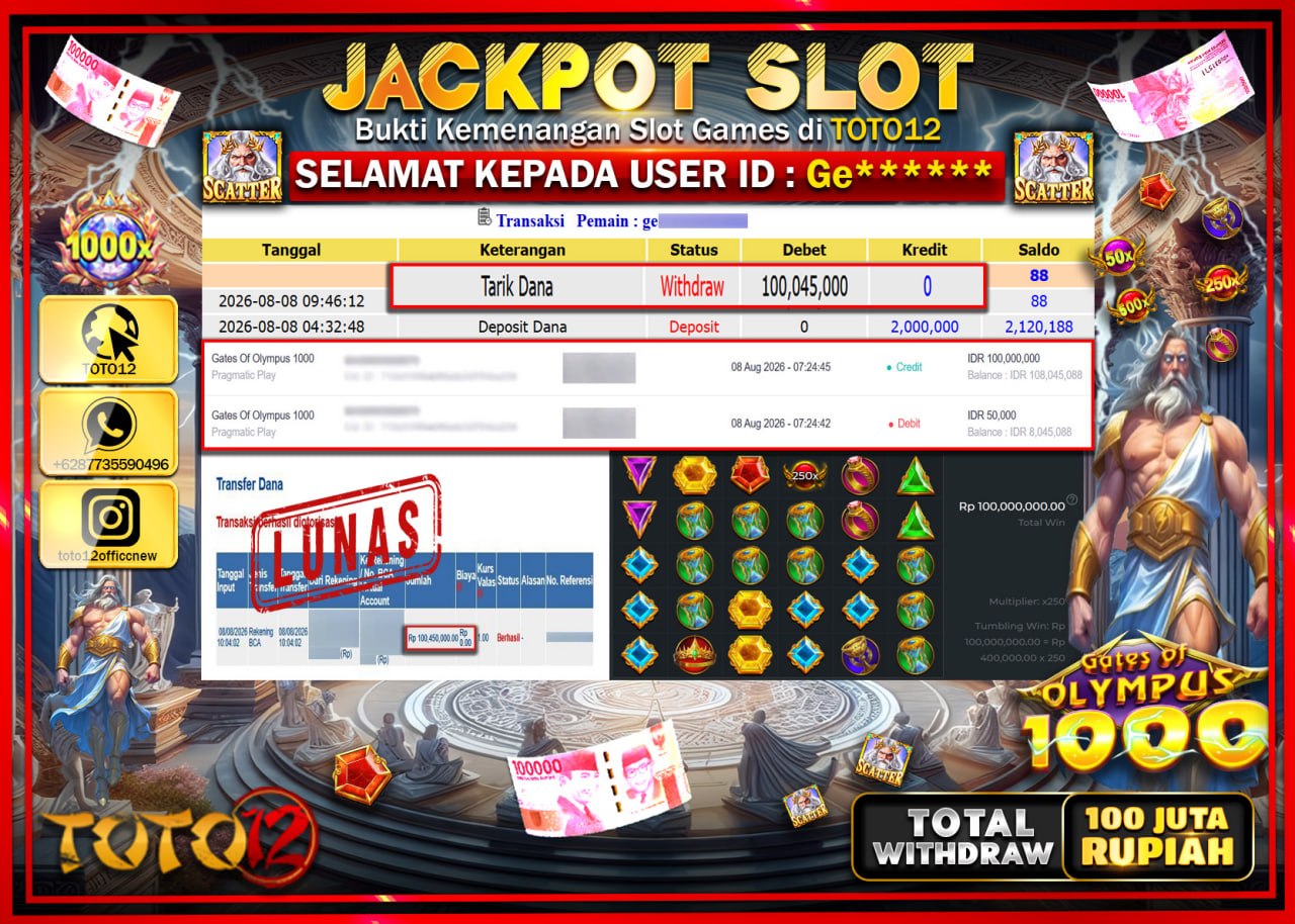 HANYA DI TOTO12 JP PASTI DI BAYAR LUNAS DAN CEPAT!!!!!! JACKPOT SLOT GAME (GATES OF OLYMPUS 1000) Rp100.045.000!!!!