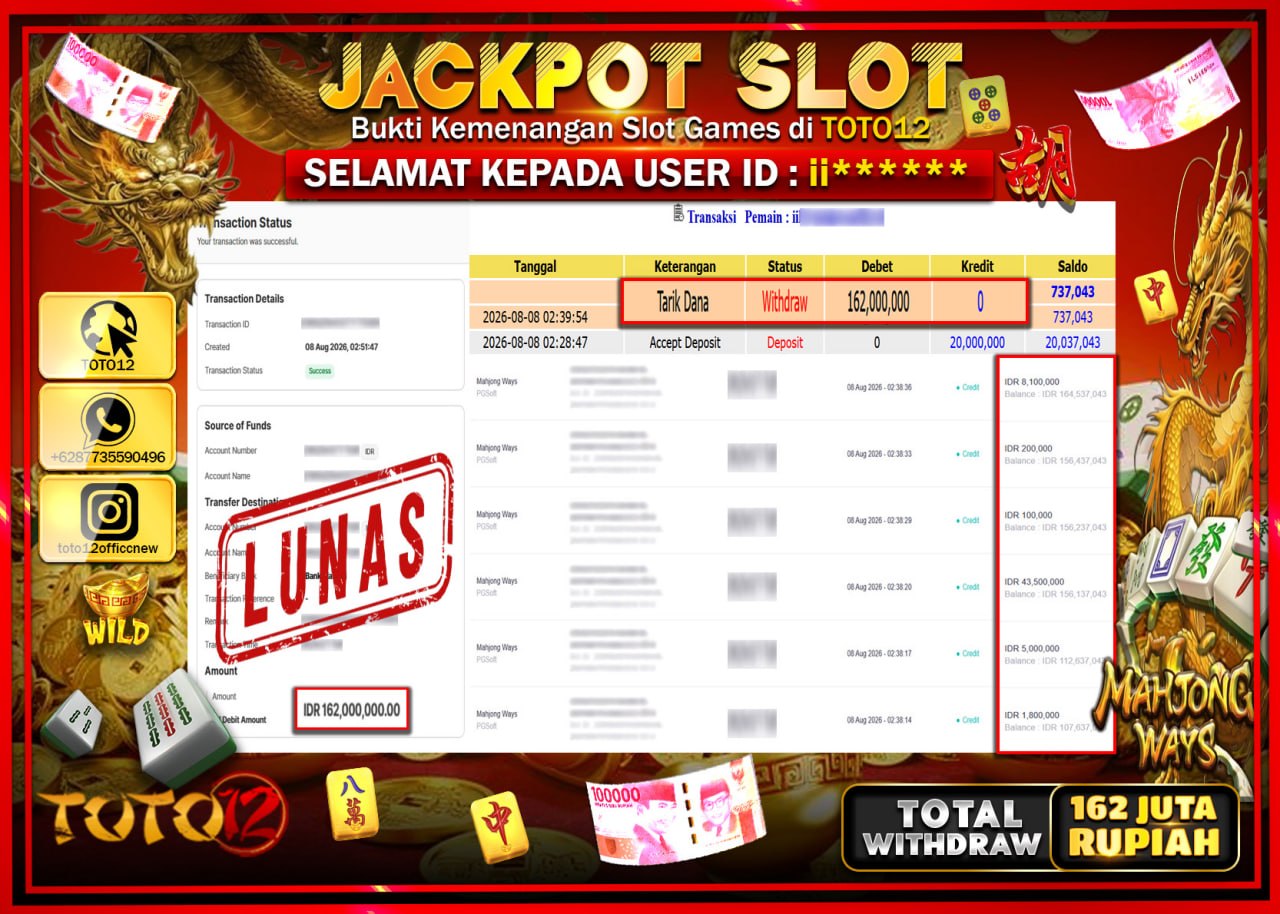 HANYA DI TOTO12 JP PASTI DI BAYAR LUNAS DAN CEPAT!!!!!! JACKPOT SLOT GAME (MAHJONG WAYS) Rp162.000.000!!!!