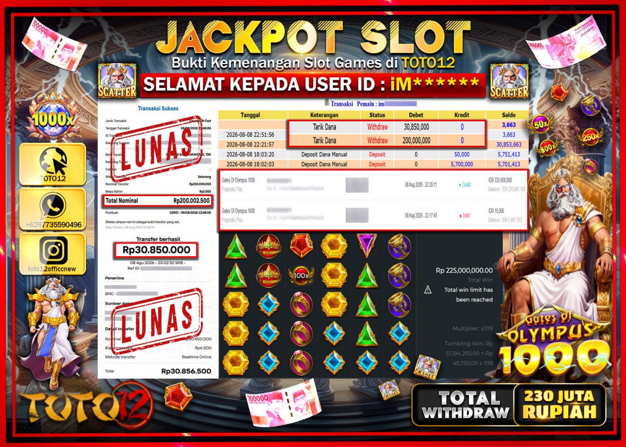 HANYA DI TOTO12 JP PASTI DI BAYAR LUNAS DAN CEPAT!!!!!! JACKPOT SLOT GAME (GATES OF OLYMPUS 1000) Rp230.000.000!!!!