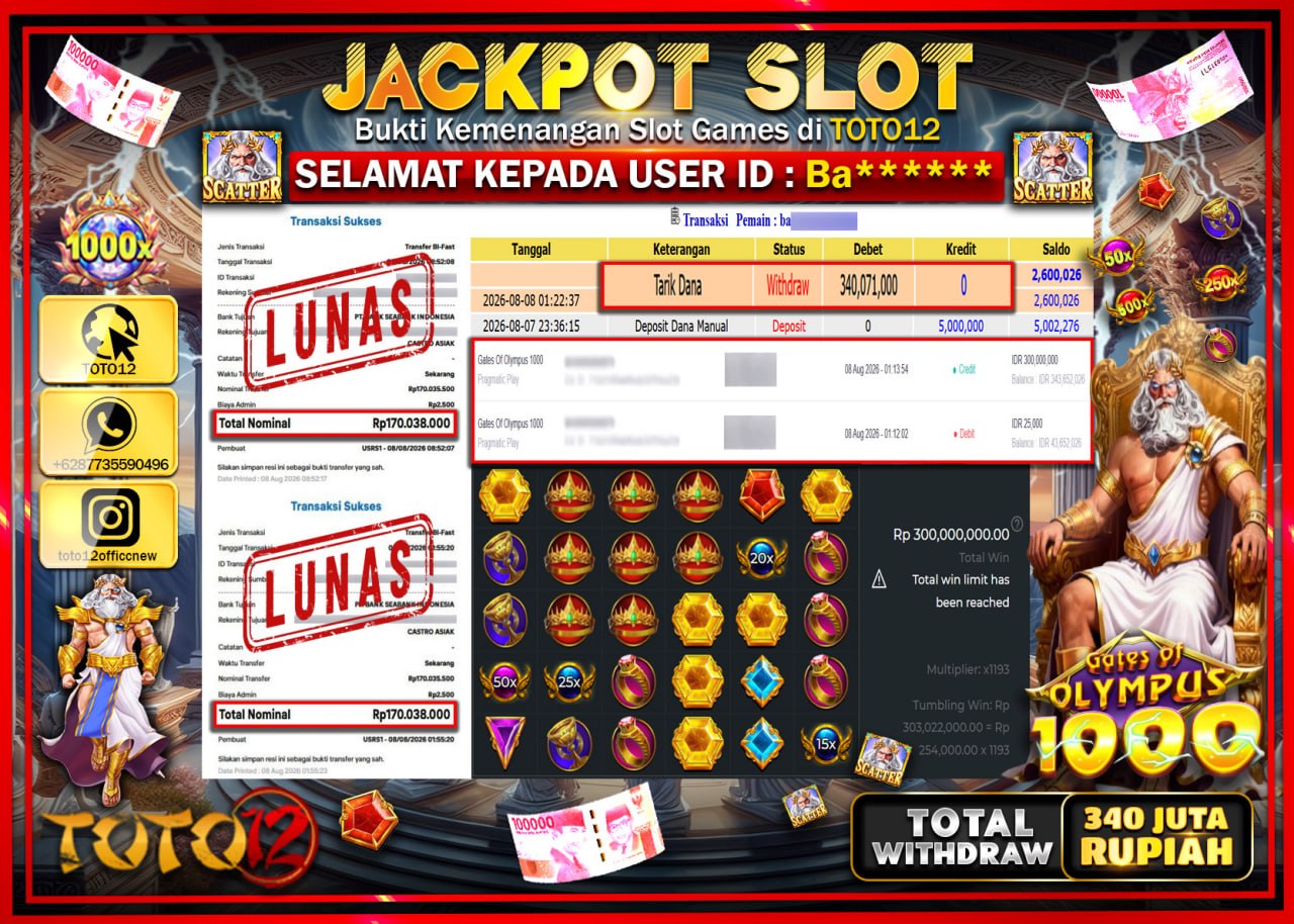 HANYA DI TOTO12 JP PASTI DI BAYAR LUNAS DAN CEPAT!!!!!! JACKPOT SLOT GAME (GATES OF OLYMPUS 1000) Rp340.071.000!!!!