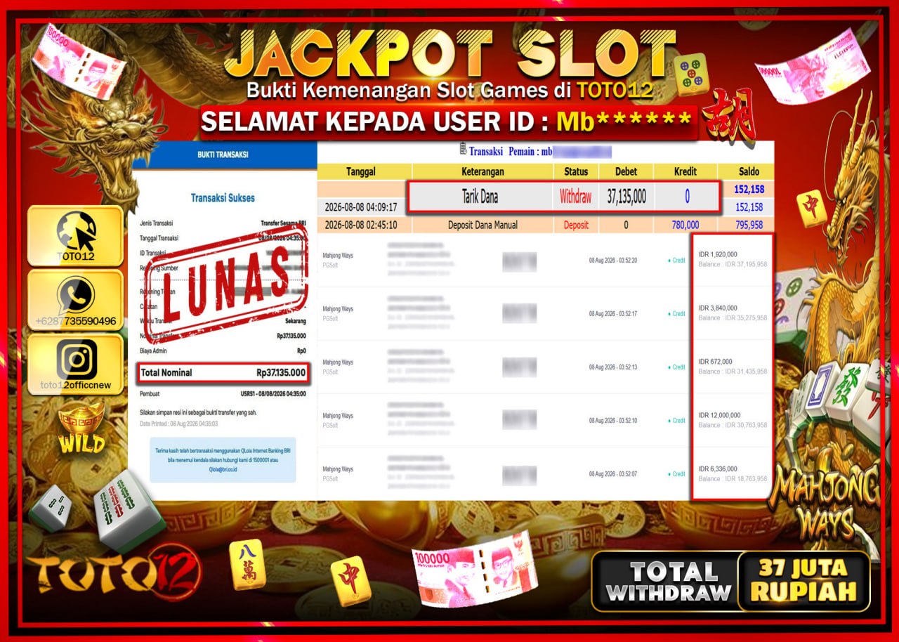 HANYA DI TOTO12 JP PASTI DI BAYAR LUNAS DAN CEPAT!!!!!! JACKPOT SLOT GAME (MAHJONG WAYS) Rp37.135.000!!!!