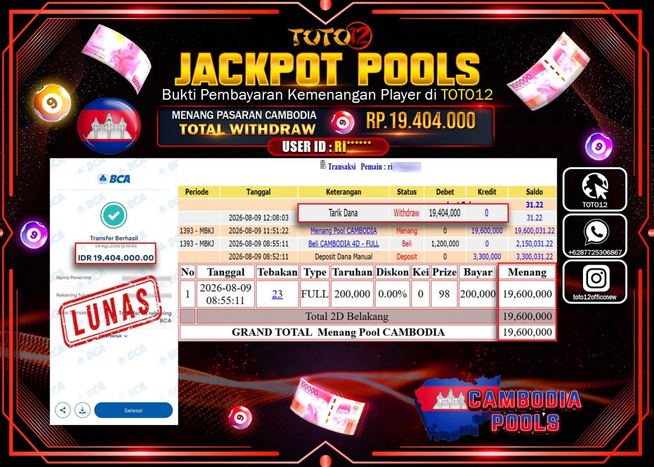 HANYA DI TOTO12 JP PASTI DI BAYAR LUNAS DAN CEPAT!!!!!! JACKPOT POOLS PASARAN (CAMBODIA) Rp19.404.000!!!!
