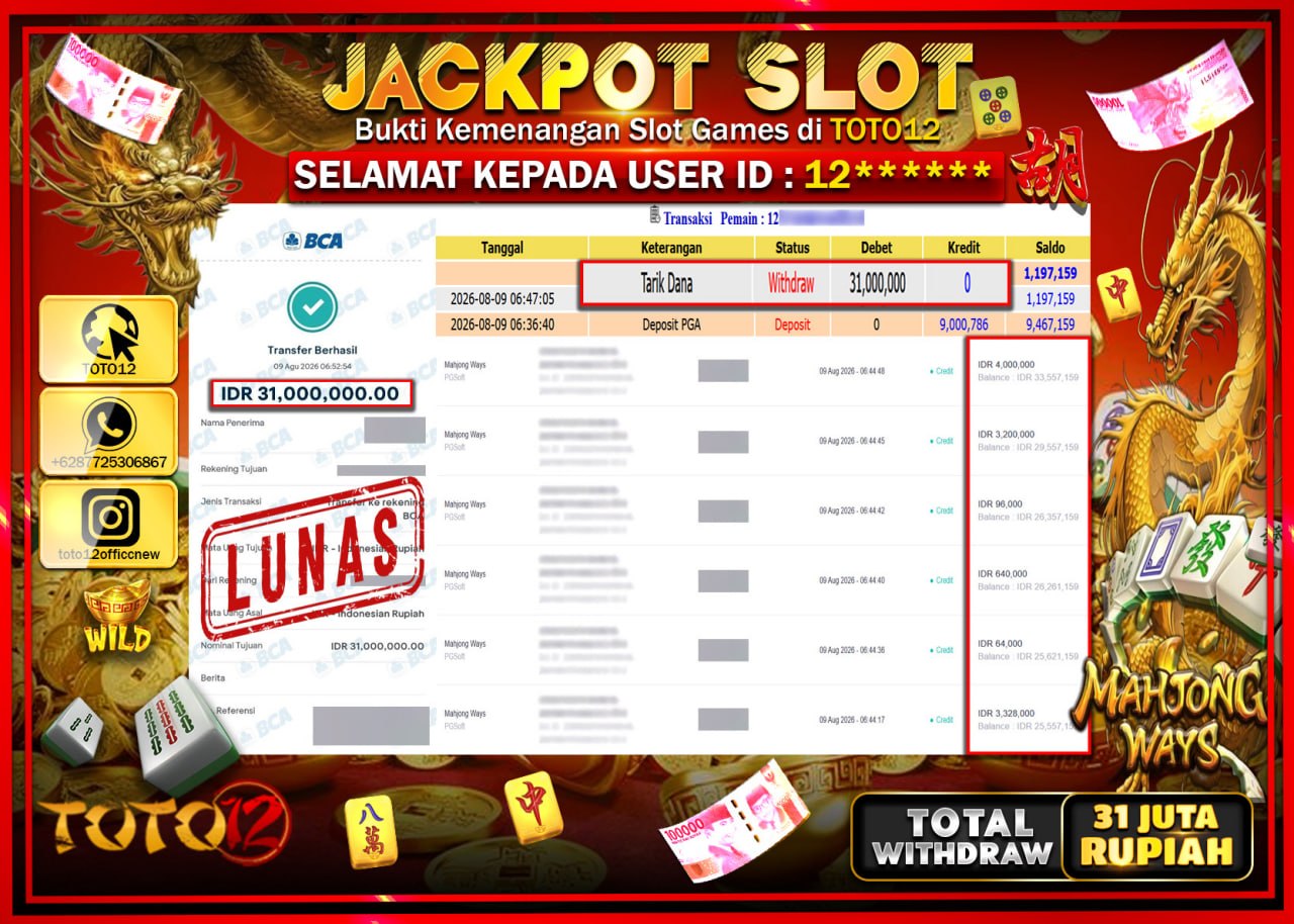 HANYA DI TOTO12 JP PASTI DI BAYAR LUNAS DAN CEPAT!!!!!! JACKPOT SLOT GAME (MAHJONG WAYS) Rp31.000.000!!!!