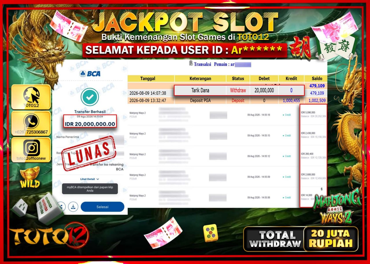 HANYA DI TOTO12 JP PASTI DI BAYAR LUNAS DAN CEPAT!!!!!! JACKPOT SLOT GAME (MAHJONG WAYS 2) Rp20.000.000!!!!