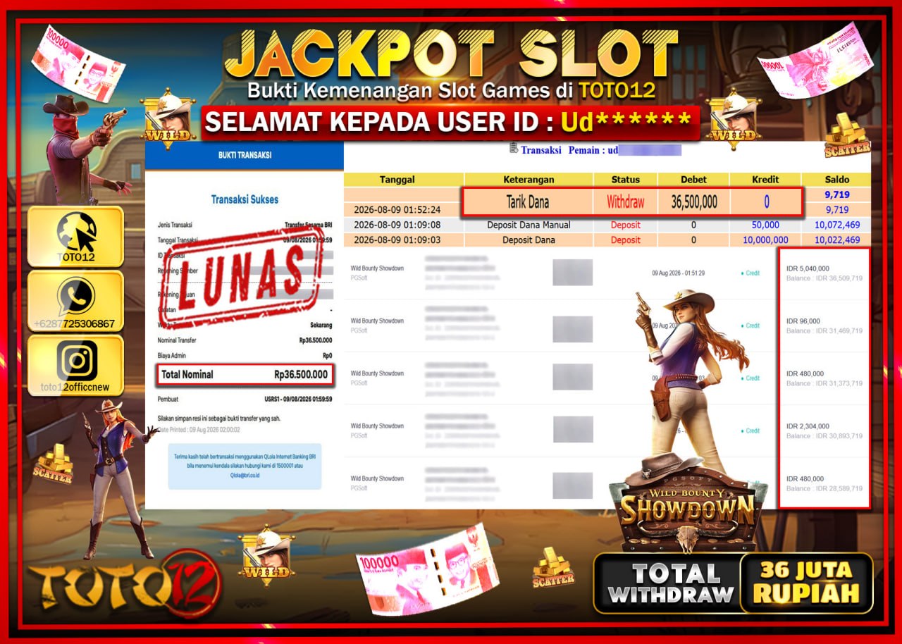 HANYA DI TOTO12 JP PASTI DI BAYAR LUNAS DAN CEPAT!!!!!! JACKPOT SLOT GAME (WILD BOUNTY SHOWDOWN) Rp36.500.000!!!!