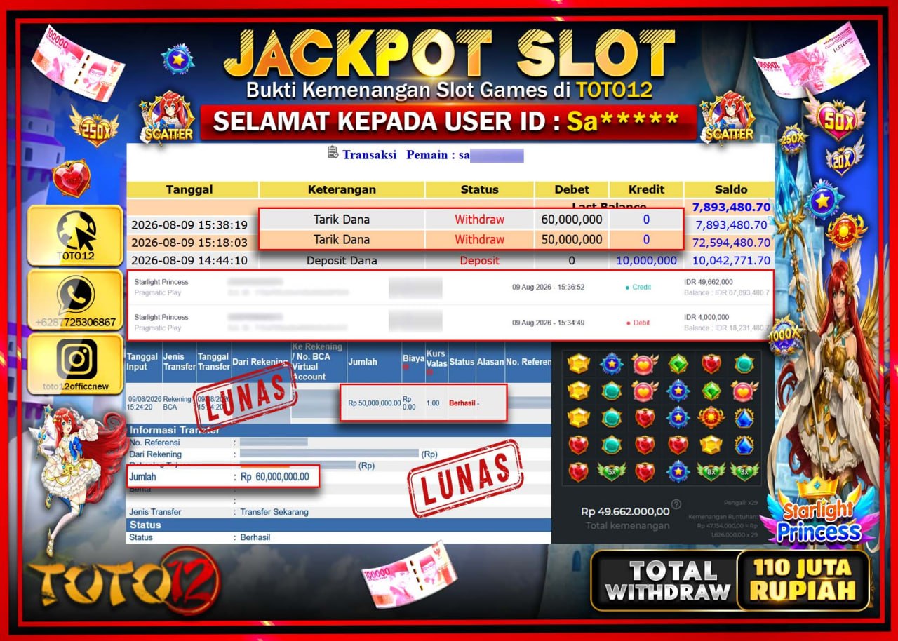 HANYA DI TOTO12 JP PASTI DI BAYAR LUNAS DAN CEPAT!!!!!! JACKPOT SLOT GAME (STARLIGHT PRINCESS) Rp110.000.000!!!!