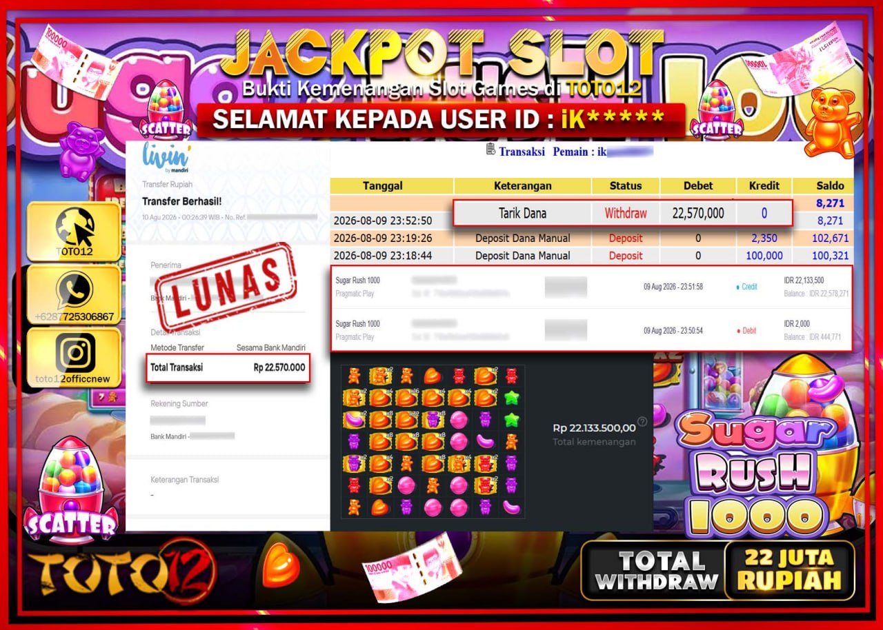 HANYA DI TOTO12 JP PASTI DI BAYAR LUNAS DAN CEPAT!!!!!! JACKPOT SLOT GAME (SUGAR RUSH 1000) Rp22.570.000!!!!