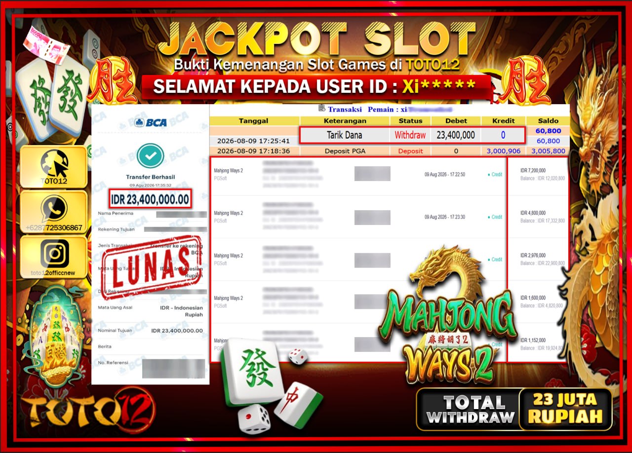 HANYA DI TOTO12 JP PASTI DI BAYAR LUNAS DAN CEPAT!!!!!! JACKPOT SLOT GAME (MAHJONG WAYS 2) Rp23.400.000!!!!