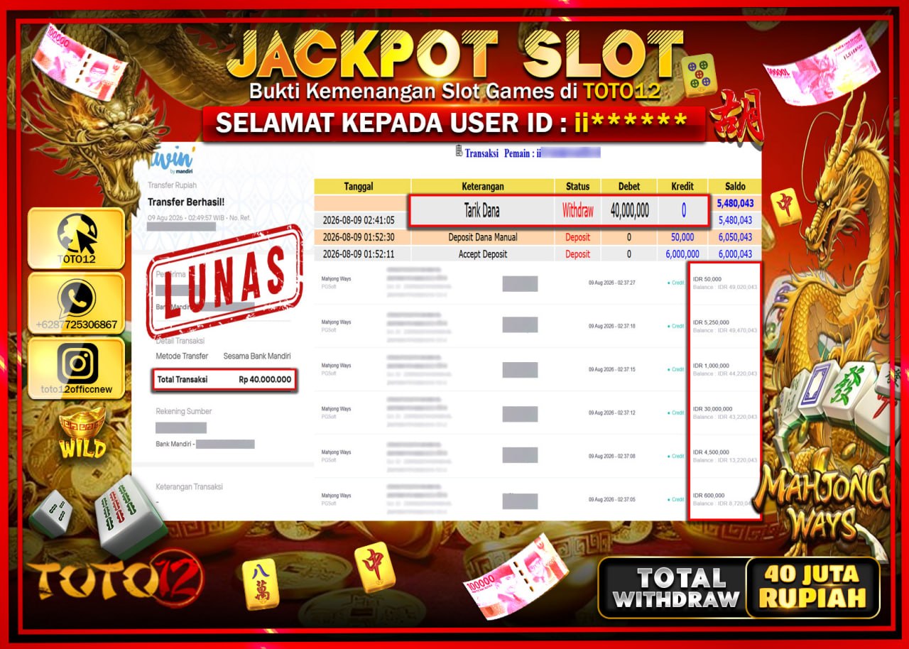 HANYA DI TOTO12 JP PASTI DI BAYAR LUNAS DAN CEPAT!!!!!! JACKPOT SLOT GAME (MAHJONG WAYS) Rp40.000.000!!!!