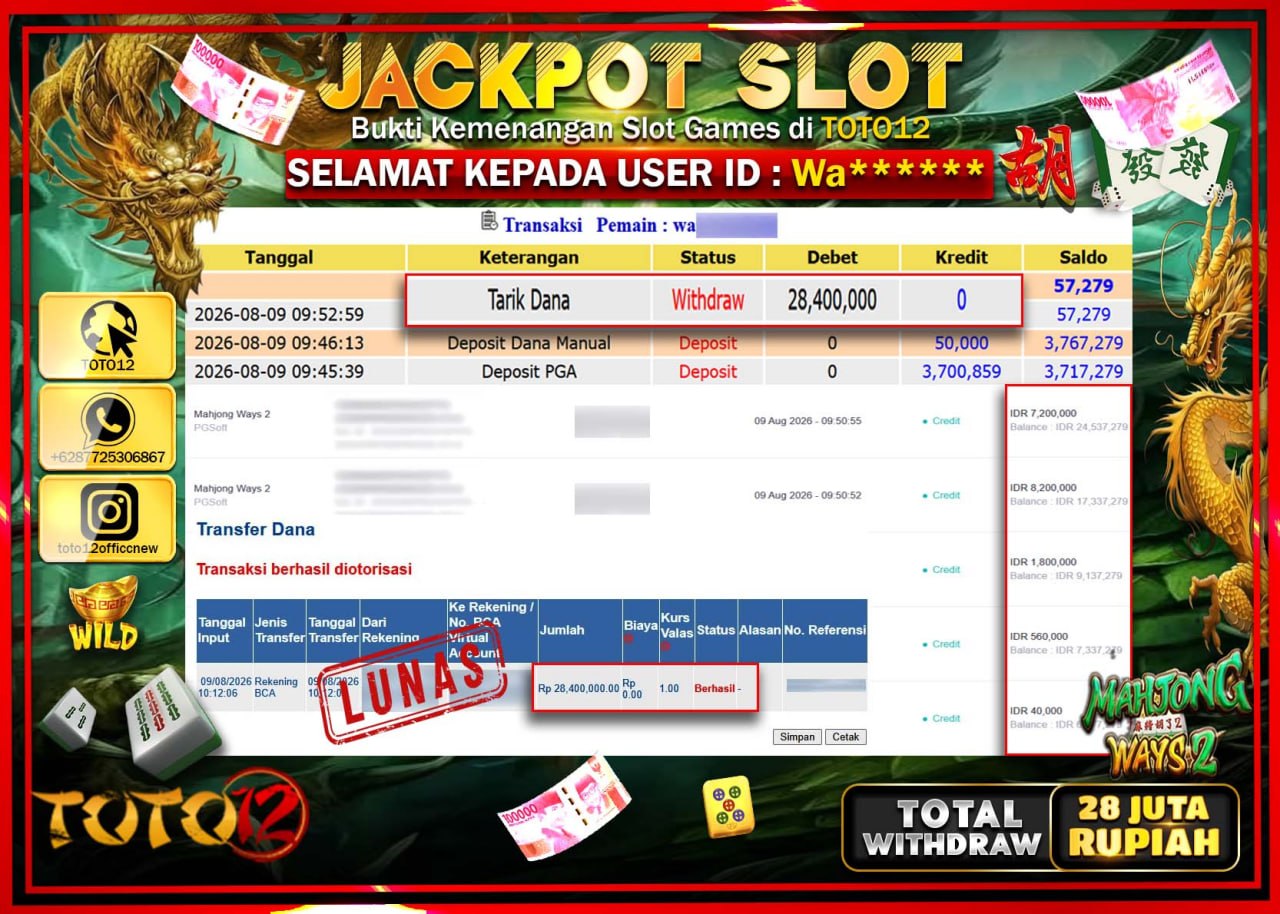 HANYA DI TOTO12 JP PASTI DI BAYAR LUNAS DAN CEPAT!!!!!! JACKPOT SLOT GAME (MAHJONG WAYS 2) Rp28.400.000!!!!