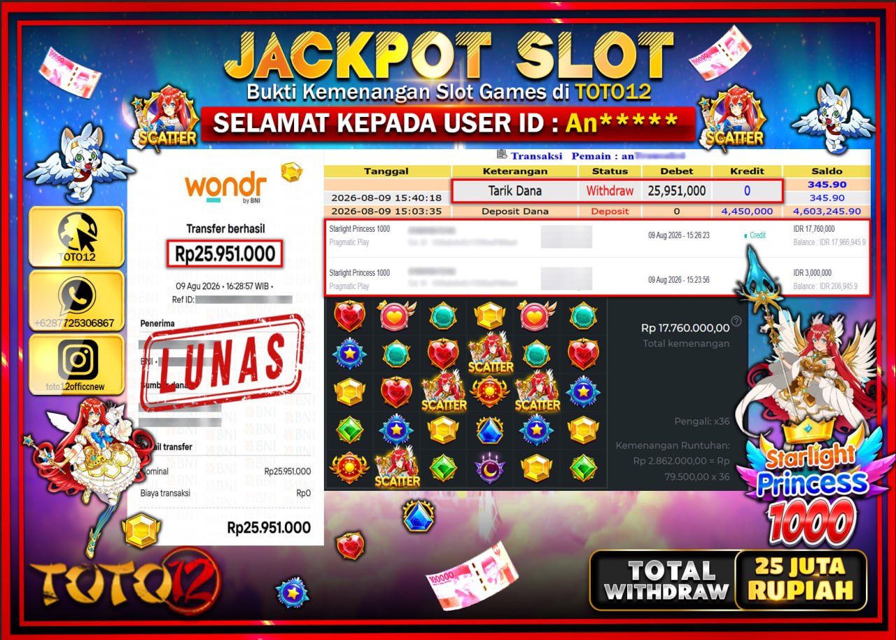 HANYA DI TOTO12 JP PASTI DI BAYAR LUNAS DAN CEPAT!!!!!! JACKPOT SLOT GAME (STARLIGHT PRINCESS 1000) Rp25.951.000!!!!